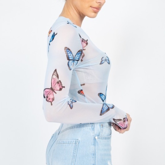 🦋 Light Blue Butterfly Sheer Mesh Long Sleeve Top - Picture 6 of 6